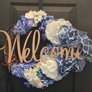 Welcome Wreath | Blue & White Floral Farmhouse Door Decor | Everyday Front Door